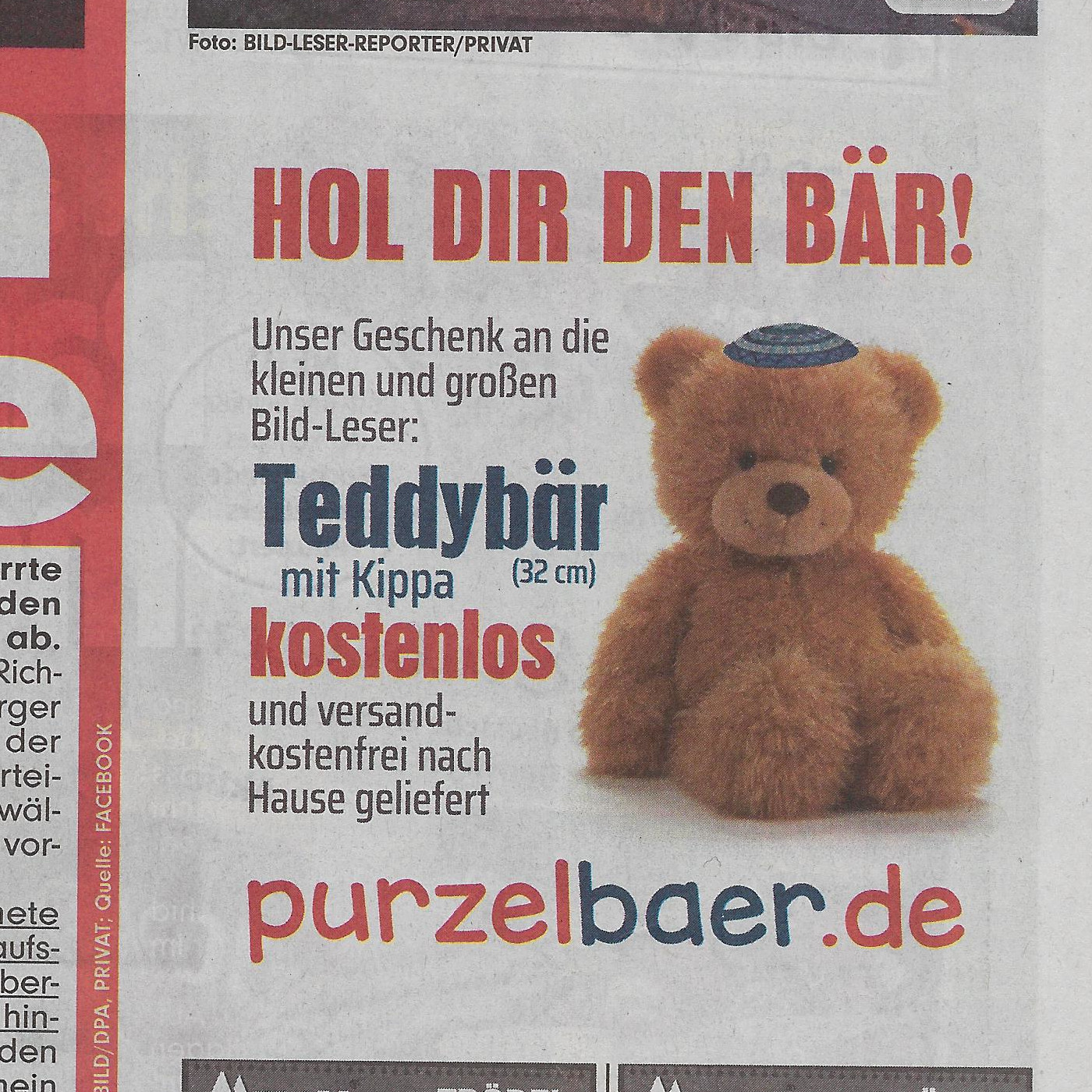 Inserat in der Bild: Teddybär mit Kippa zu verschenken