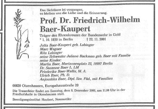 Todesanzeige für Friedrich Wilhelm Baer-Kaupert in der Saarbrücker Zeitung vom 28. November 2001